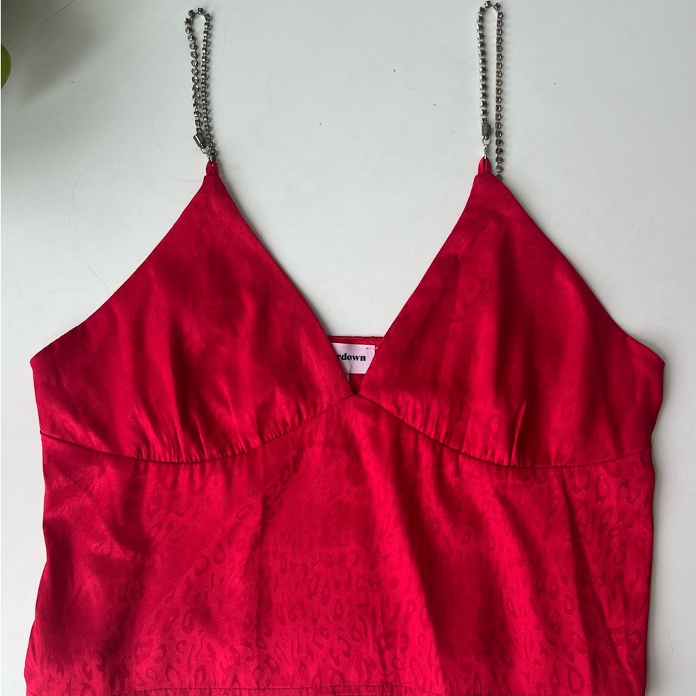 Superdown red leopard cropped silk top.